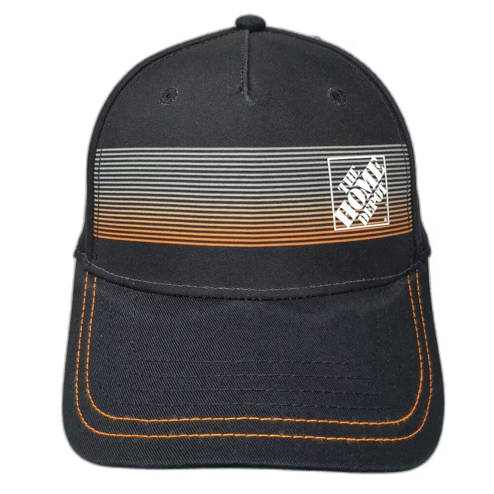 Home Depot 5 Panel Hat Black Orange Logo Stripe Snapback OS Adjustable Work Cap